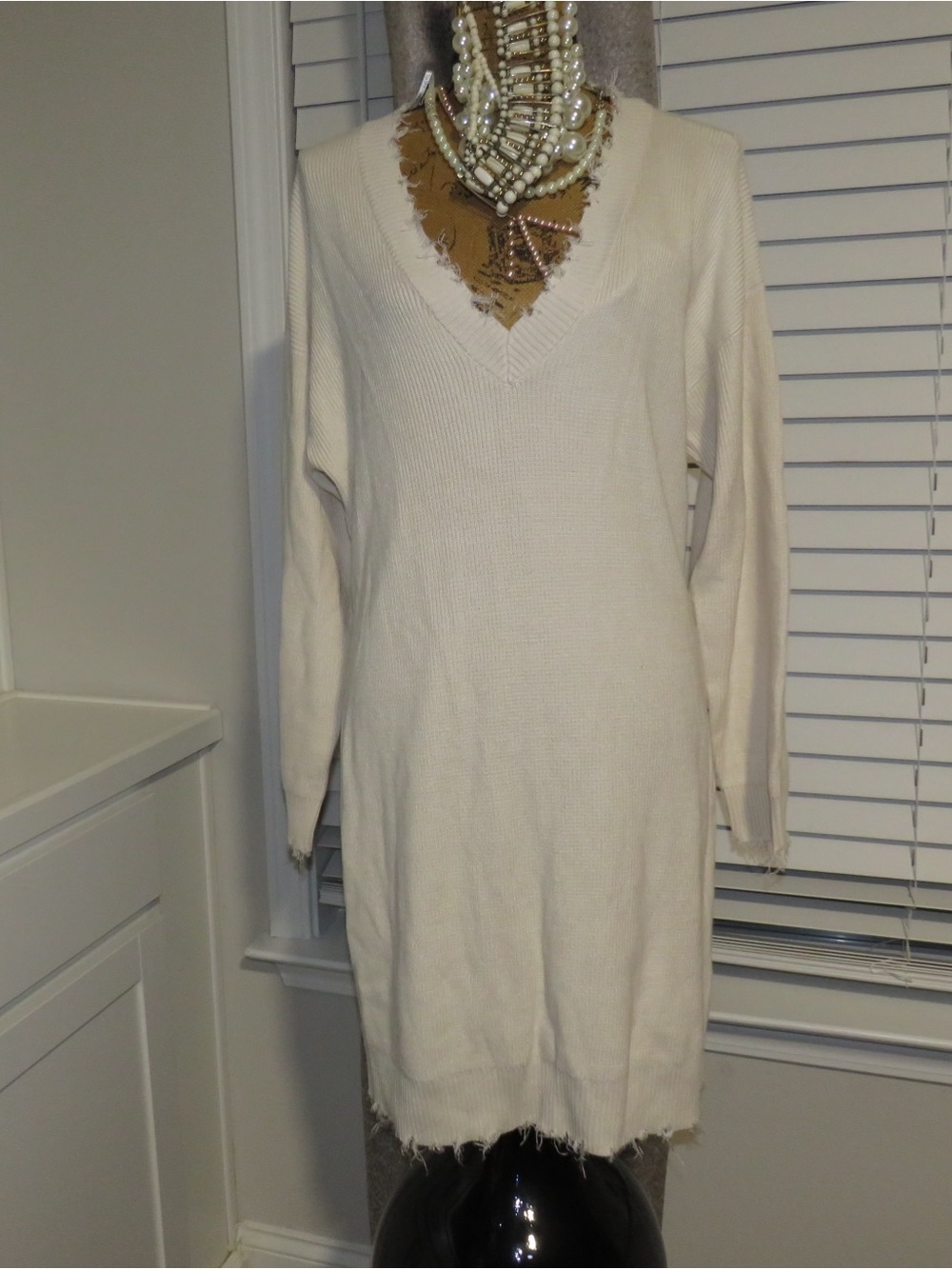 Forever 21 Cream V-Neck Ribbed Long Sleeve Knit Dress